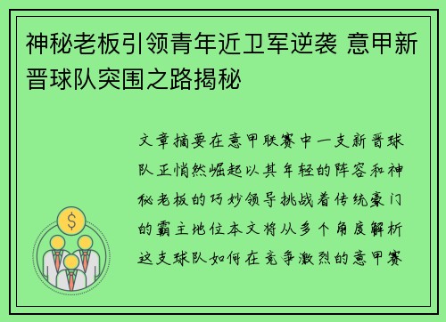 神秘老板引领青年近卫军逆袭 意甲新晋球队突围之路揭秘