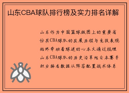 山东CBA球队排行榜及实力排名详解